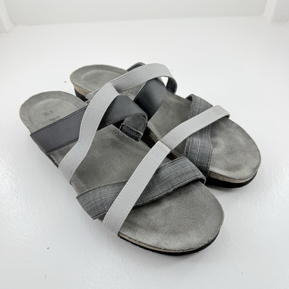 Naot Roxanna Sandals Women 39 US 8 Black Gray Strappy Cork Wedge Slip On
